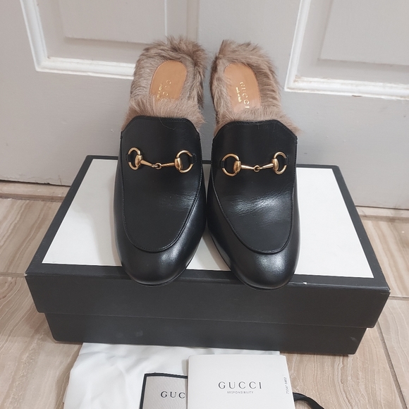 Gucci Black Princetown Fur Leather Malaga Canberra Heel Mule Slide - Picture 5 of 11